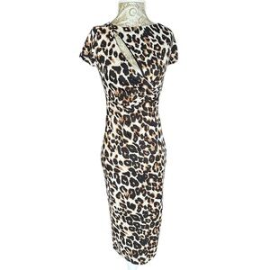 Stretchy Sexy Slit Leopard Pinup Midi Dress Short Sleeve Cocktail Dress Small